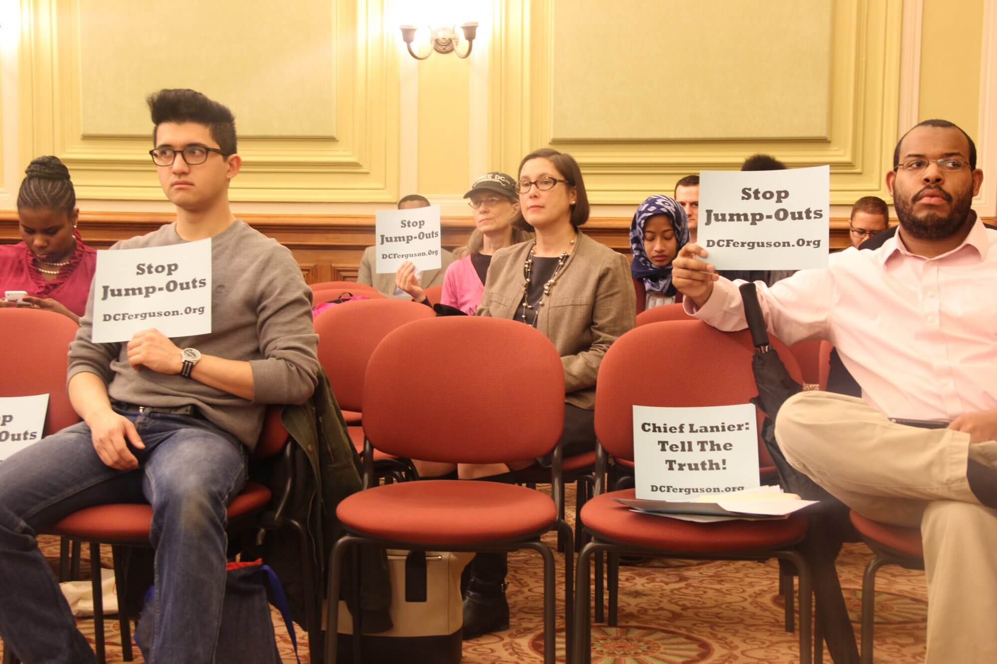 Police oversight hearing draws silent protest on jump-out tactics