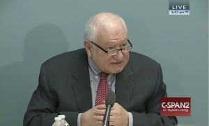 Demetrios Papademetriou, European president of the Migration Policy Institute, speaks at the institute Wednesday about solutions to the refugee crisis in Europe. (Image courtesy of C-SPAN)