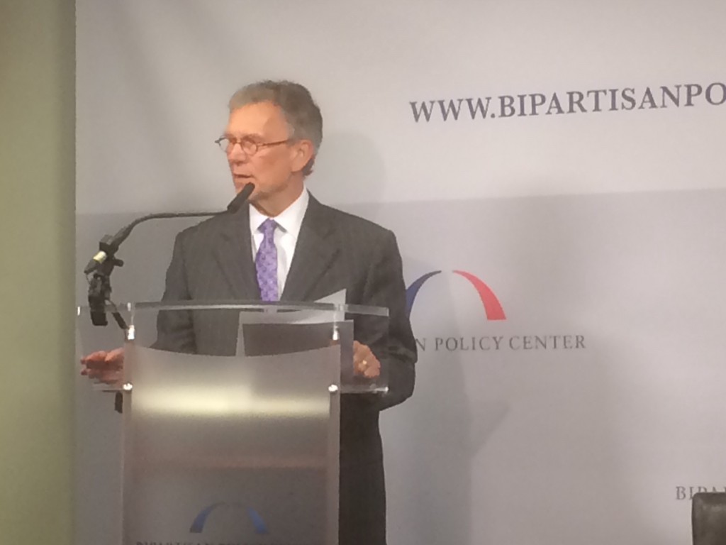 Former Sen. Tom Daschle explains the Long-Term Care Initiative's recommendations for financing long-term care at the Bipartisan Policy Center Monday.