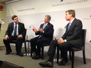Rep. Michael McCaul and Sen. Mark Warner discuss their upcoming legislation proposing a digital security commission at the Bipartisan Policy Center Wednesday.