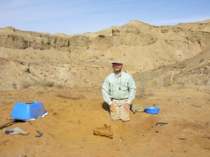 Hans Sues excavating a fossil in the Kyzylkum Desert of Uzbekistan in September, 2006 (Hans Suess/Smithsonian)