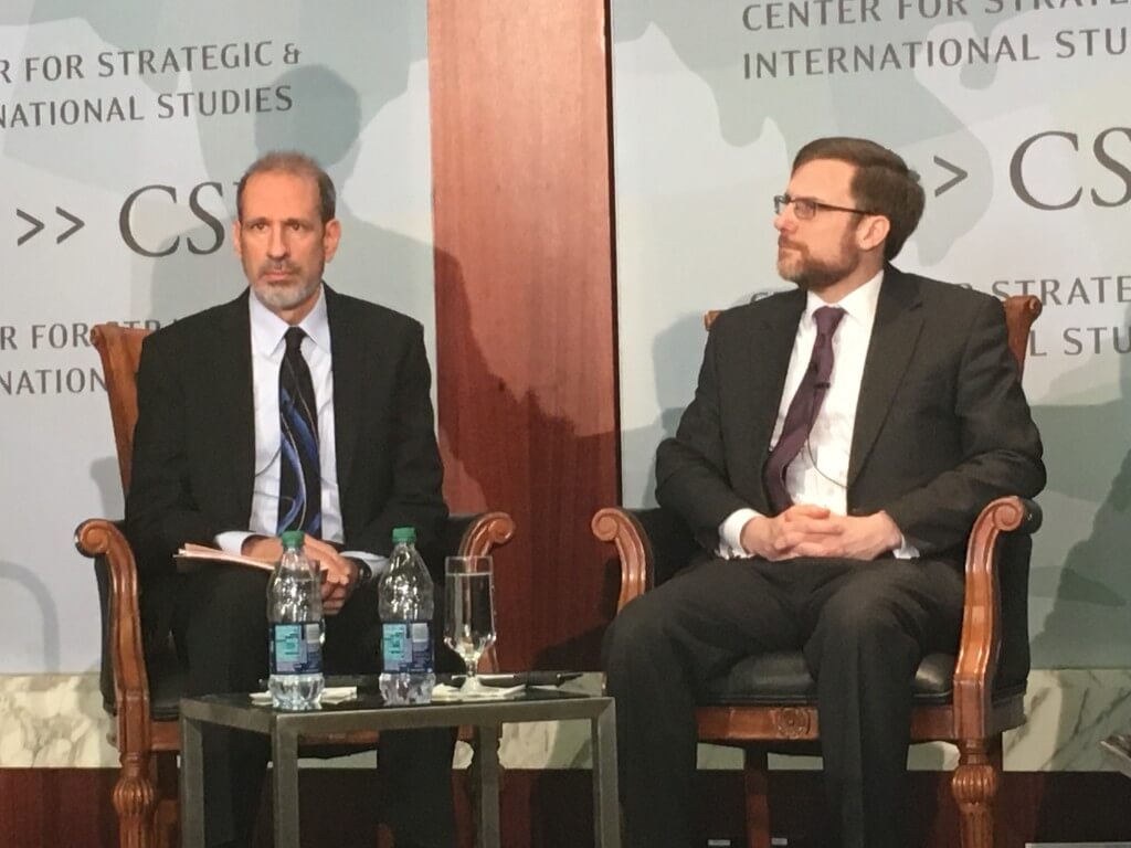 Defense Department officials Mike McCord, left, and Jamie Morin, right, discuss the strategic thinking behind the 2017 defense budget proposal at the Center for Strategic and International Studies Monday.