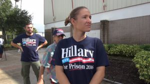 Rebecca Oliphant said Hillary Clinton's unfriendly position on Russia and lies motivated her to support Donald Trump. She was at a West Palm Beach, FL, Trump rally on October 13, 2016.