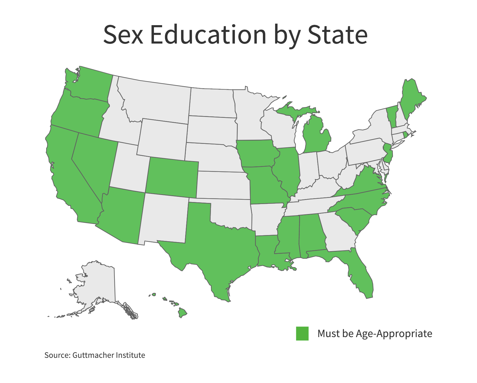 Twenty-three states and the District of Columbia require that when sexual education is provided it be age-appropriate. (Charts by Ester Wells/MNS)