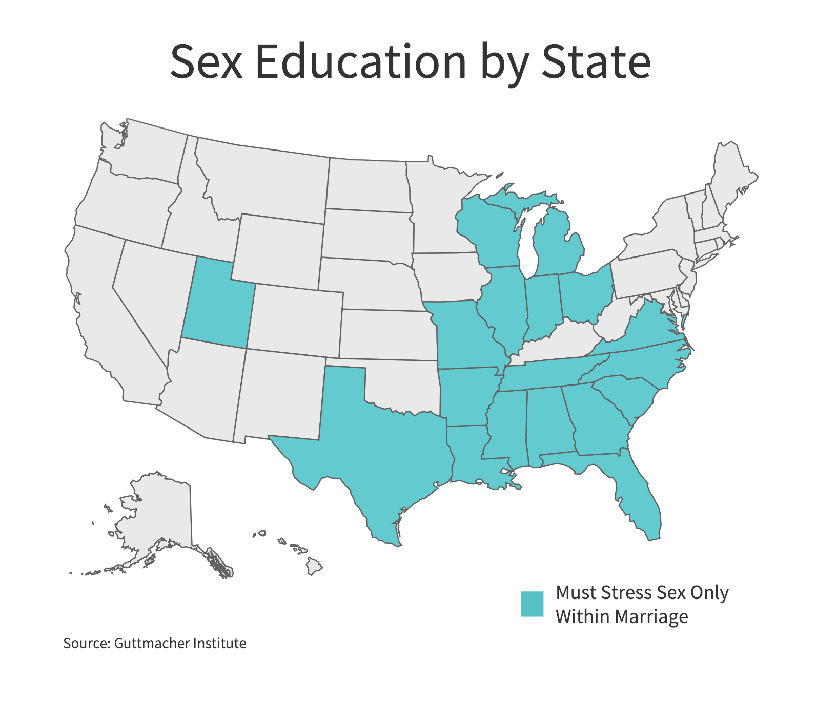 Eighteen states require that when sexual education is provided it include information on the importance of sex only within marriage. (Charts by Ester Wells/MNS)
