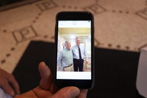 Pappas displays a picture of himself and Jeb Bush after a visit to the restaurant during the 2016 election. (Charlotte Walsh/MNS)