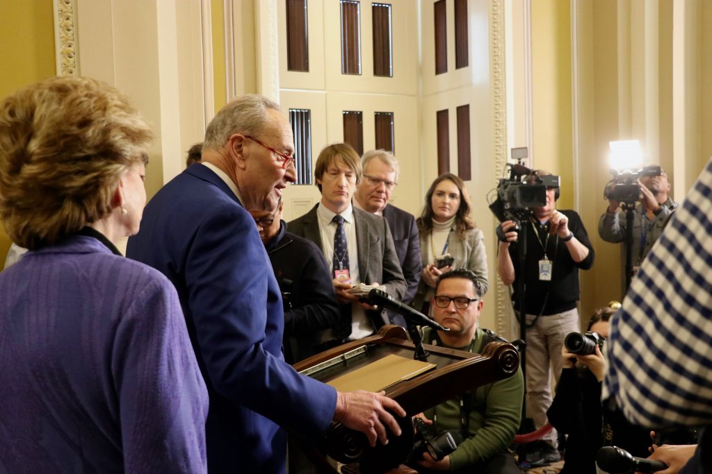 Senate Majority Leader Charles Schumer (D-N.Y.) speaks to reporters after a Democratic Caucus lunch on Tuesday.