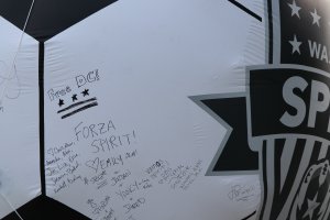 "Free D.C." is inscribed on the inflatable Spirit ball near the Audi Field entrance. (Desiree Luo/MNS)