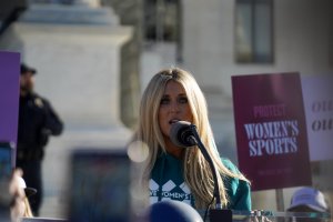 Conservative activist Riley Gaines, a former collegiate swimmer who is known for advocating against transgender women's participation in women's sports spoke to the crowd. (Cayla Labgold-Carroll/MNS)