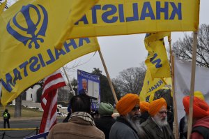 A group of Sikhs gathered outside the U.S. Institute of Peace to ask for Trump to pressure the Prime Minister of India, Narendra Modi, to have a referendum in Punjab to gauge support for an independent Sikh state. (Cate Bouvet/MNS)