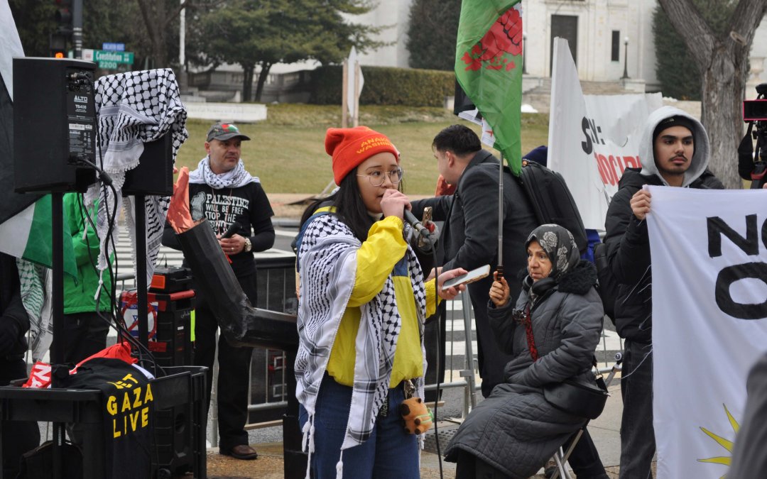 Chanting “board of lies,” protesters oppose Trump’s Board of Peace meeting on Gaza reconstruction
