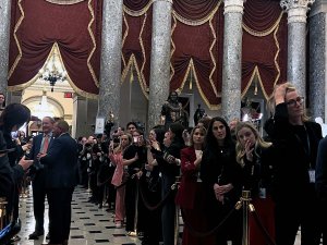 Members of the press lined up along the railings to ask lawmakers, and members of President Donald Trump's cabinet. (Brooke Sharp/MNS)