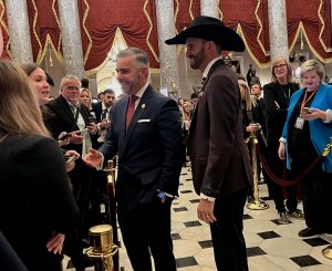 Rep. Juan Ciscomani, R-Ariz., with his guest Ben Menges, a rancher from Safford, Arizona. (Brooke Sharp/MNS)