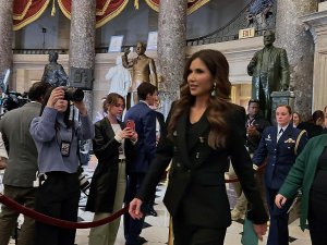 Secretary of Homeland Security Kristi Noem entered Statuary Hall early, as did many members of Trump's cabinet. (Brooke Sharp/MNS)