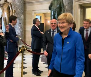 Sen. Elizabeth Warren, D-Mass., entering Statuary Hall with the Senate entourage. (Brooke Sharp/MNS)