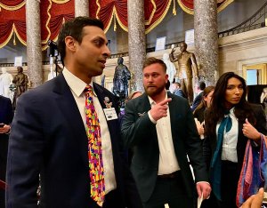 Rep. Suhas Subramanyam, D-Va., wore a “Release the Files” pin to show support for Epstein victims. (Anisha Iqbal/MNS)