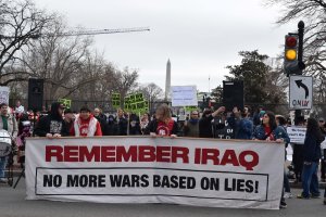 “Pentagon kills by the hour. What do we do? Fight the power,” demonstrators chanted at the anti-war protest in front of the White House. (Brooke Sharp/MNS)